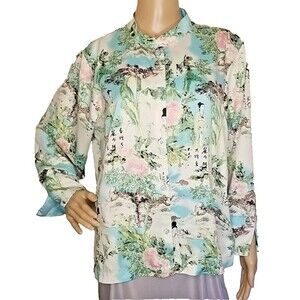 Natori Scenic Floral Giesha Pajama Top Aqua Blue/Pink Size L      T45